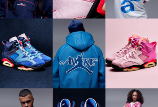 Nine campaign photos showcasing Awake NY's Air Jordan 6 "Blueberry" & "Bubble Gum Pink" Collection with Jordan Brand, which includes two sneakers, a pull-over track jacket, track pants, polos & a tee.