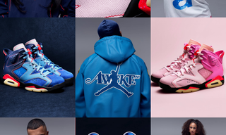 Nine campaign photos showcasing Awake NY's Air Jordan 6 "Blueberry" & "Bubble Gum Pink" Collection with Jordan Brand, which includes two sneakers, a pull-over track jacket, track pants, polos & a tee.