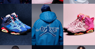 Nine campaign photos showcasing Awake NY's Air Jordan 6 "Blueberry" & "Bubble Gum Pink" Collection with Jordan Brand, which includes two sneakers, a pull-over track jacket, track pants, polos & a tee.