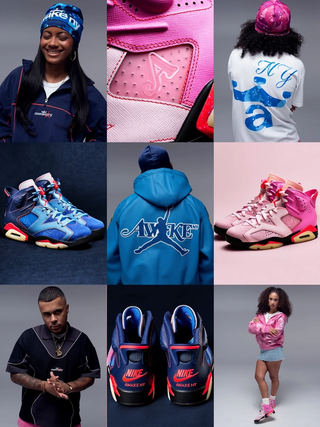 Nine campaign photos showcasing Awake NY's Air Jordan 6 "Blueberry" & "Bubble Gum Pink" Collection with Jordan Brand, which includes two sneakers, a pull-over track jacket, track pants, polos & a tee.