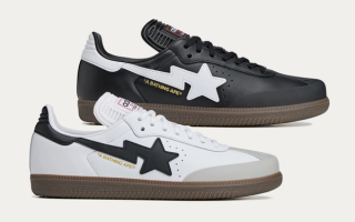 BAPE®︎'s Adidas Originals Samba duo in white-and-black color schemes.