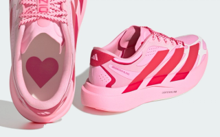 Women's adidas Adizero Evo SL EXO "Hearts" (Pink Glow) running shoe, which could very well be inspired by Valentine's Day 2027.