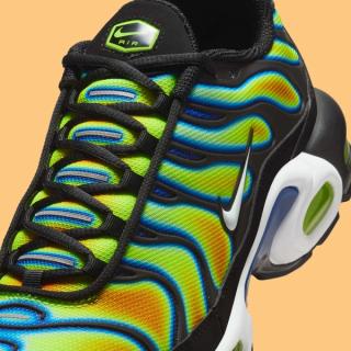 Close-up view of Nike's Air Max Plus in a "Black/Sundial/Neon Yellow" makeover nicknamed "Heatmap."