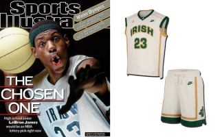 Sports Illustrated 'The Chosen One' cover from 2002 next to a premium remake of LeBron James' St. Vincent-St. Mary Fighting Irish uniform by Nike.