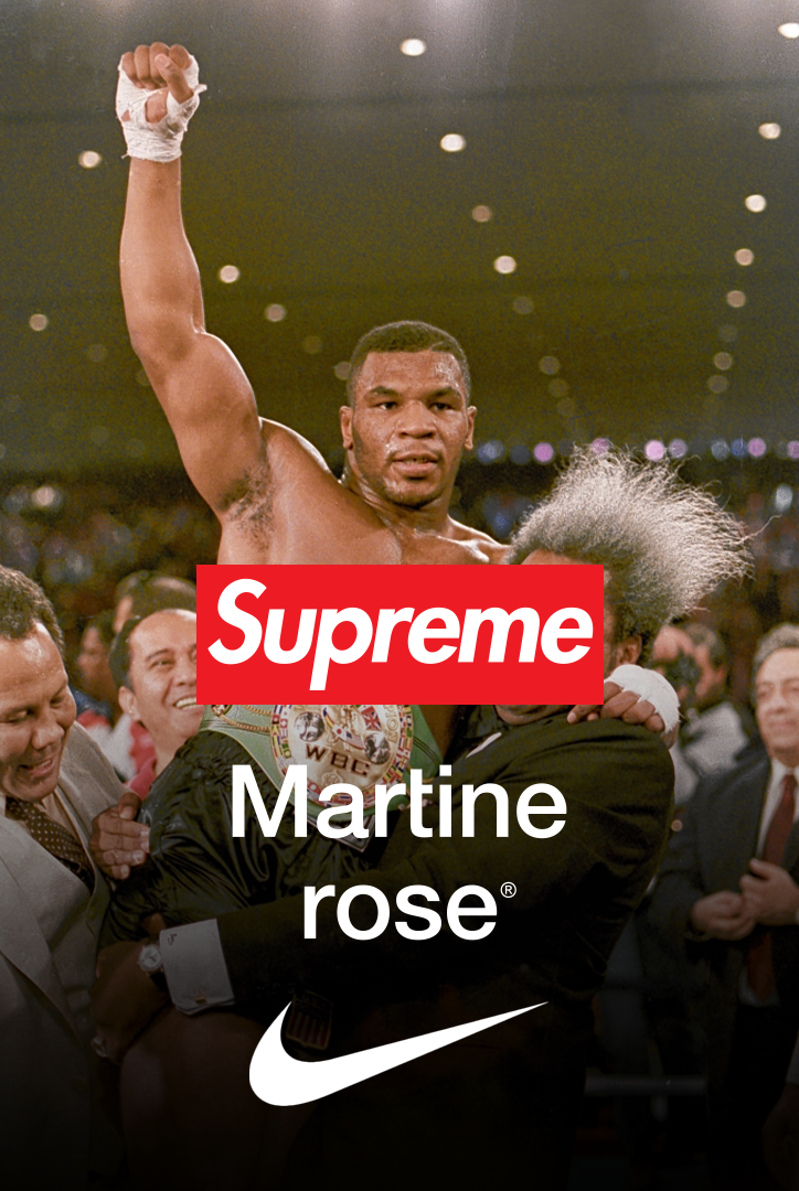 Mike Tyson on Nov. 22, 1986 after beating Trevor Berbick to become the youngest heavyweight boxing champion (Photo by Doug Pizac/AP), overlaid with Supreme, Martin Rose & Nike logos.