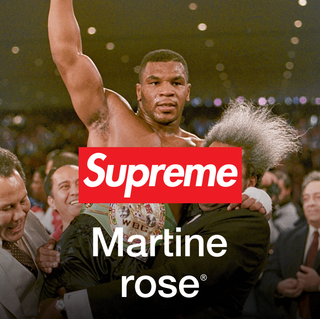 Mike Tyson on Nov. 22, 1986 after beating Trevor Berbick to become the youngest heavyweight boxing champion (Photo by Doug Pizac/AP), overlaid with Supreme, Martin Rose & Nike logos.