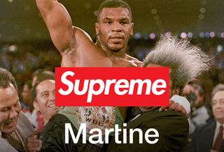 Mike Tyson on Nov. 22, 1986 after beating Trevor Berbick to become the youngest heavyweight boxing champion (Photo by Doug Pizac/AP), overlaid with Supreme, Martin Rose & Nike logos.