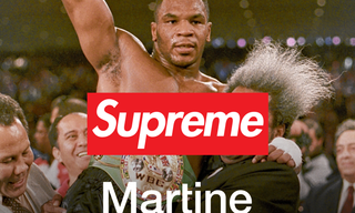 Mike Tyson on Nov. 22, 1986 after beating Trevor Berbick to become the youngest heavyweight boxing champion (Photo by Doug Pizac/AP), overlaid with Supreme, Martin Rose & Nike logos.
