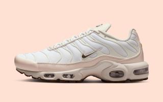 Lateral angle of Nike's Air Max Plus sneaker in a "Light Orewood Brown" color scheme.
