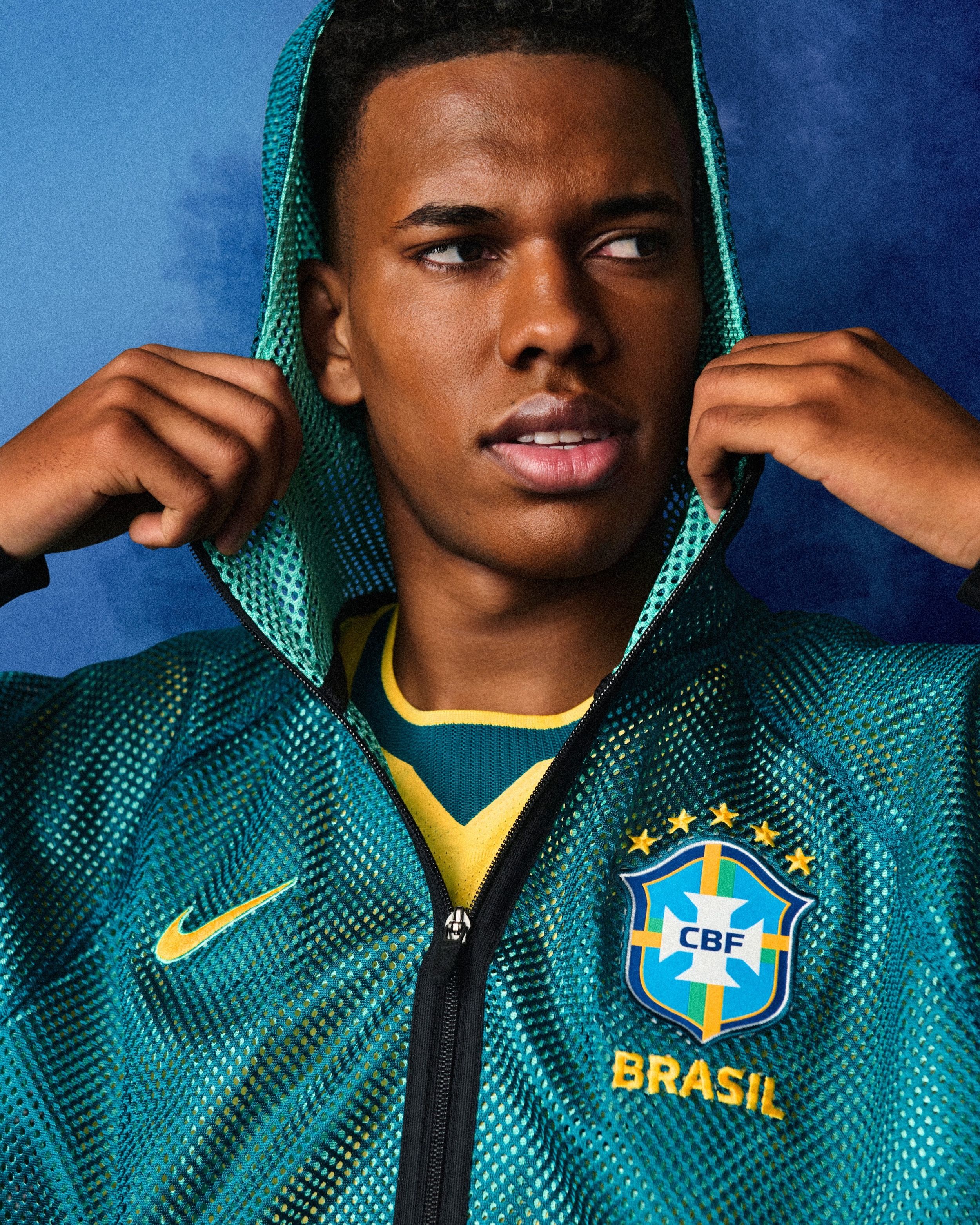 Estêvão wearing Brazil's Home Anthem Jacket by Nike for the FIFA World Cup 2026™.