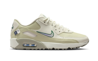 Nike's Air Max 90 in a "Platinum Tint/Blue Lightning" color scheme.