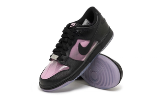 Nike Dunk Low "Pink Rise/Black" with transparent panels on the toe and mid-foot. Photos from solebox.