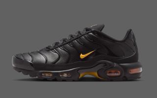 Nike Air Max Plus in a premium "Black/Metallic Rose Gold/Laser Orange" color scheme.
