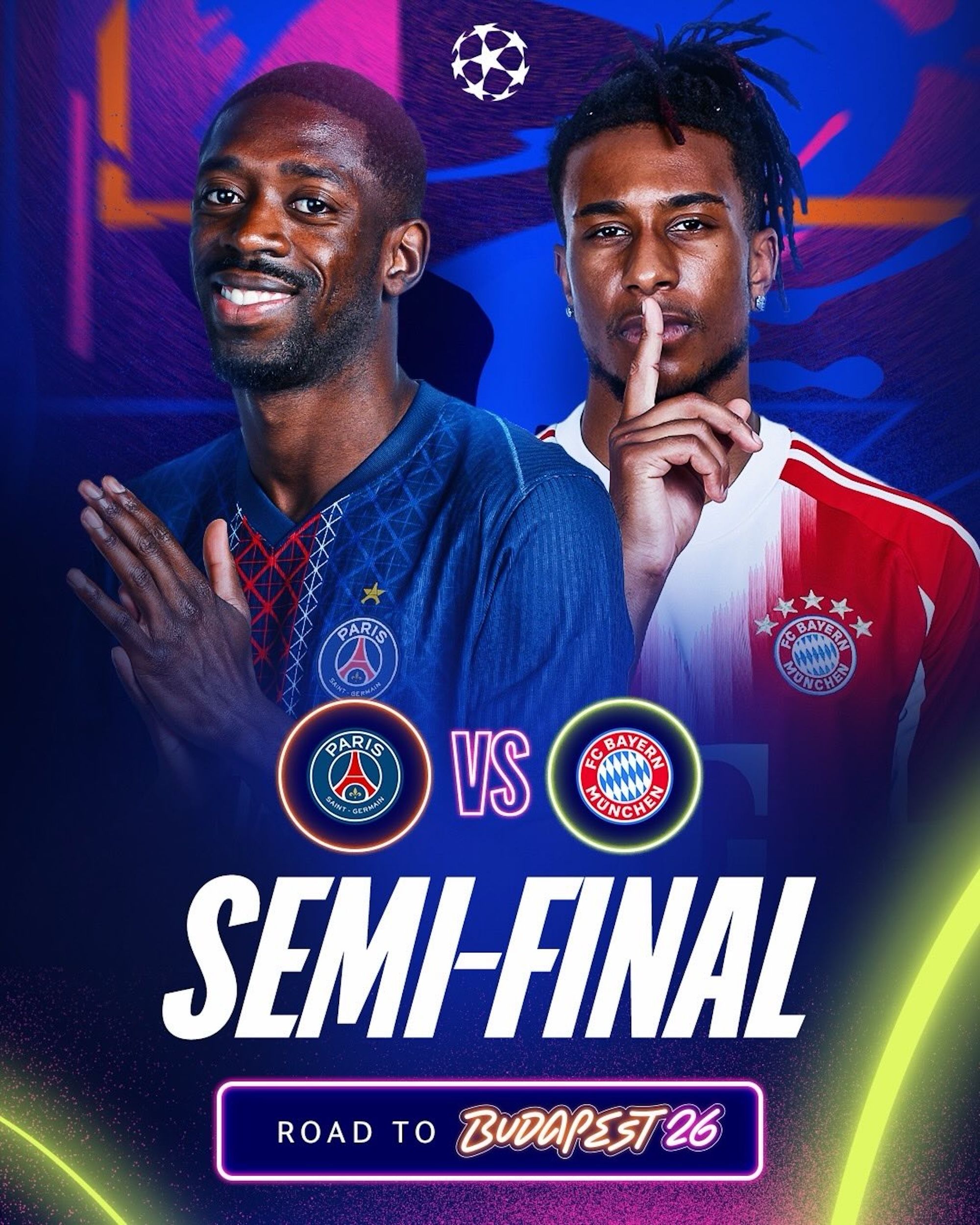 Ousmane Dembélé & Michael Olise in a promotional poster for PSG vs. Bayern 2026 Champions League Semi-Final Match.