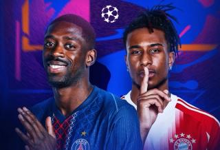 Ousmane Dembélé & Michael Olise in a promotional poster for PSG vs. Bayern 2026 Champions League Semi-Final Match.