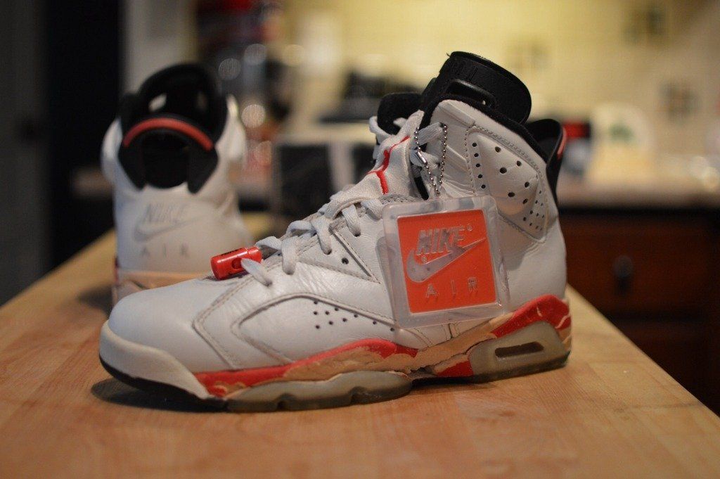 Air Jordan 6 'White Infrared' with original Nike Air heel branding, white leather upper with infrared accents