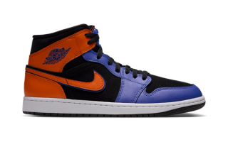 Knicks-appropriate Air Jordan 1 Mid "Racer Blue/Safety Orange" sneaker.