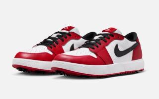 Air Jordan 1 Low OG Golf Spike “Chicago” shoe, complete with a Chicago Bulls-inspired red, white, and black color scheme.