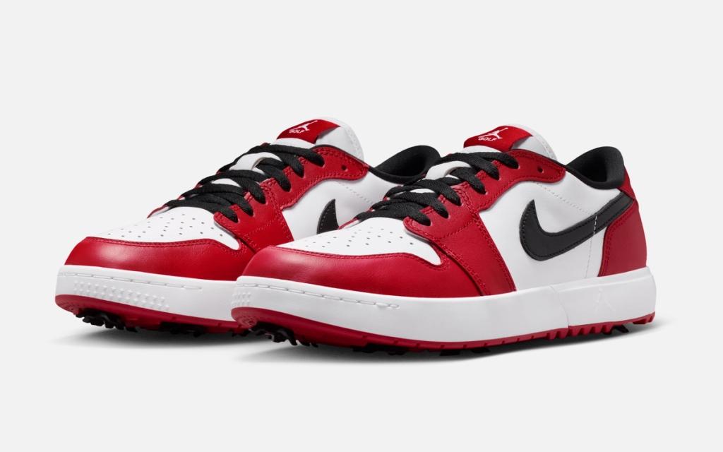 Jordan Air Jordan 1 Low Chicago golf spike featuring red, black and white colorway with specialized golf traction outsole