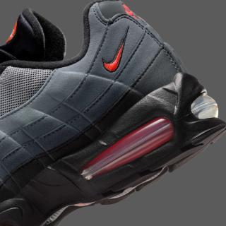 Heel close-up of Nike's Air Max 95 in a "Black/Bright Crimson/Anthracite/Iron Grey" color scheme.
