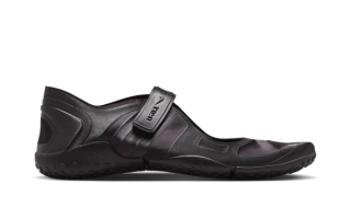 NikeSKIMS Rift Satin flat shoe in a "Shadow Brown" color scheme.