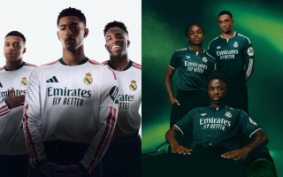 Kylian Mbappé, Jude Bellingham & Vinícius Júnior in promo visual for Real Madrid's 2026/27 Home kit by adidas; Trent Alexander-Arnold wearing Real Madrid's green 26/27 Away jersey.
