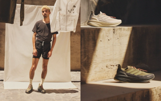 Model wearing the Hermanos Koumori x Adidas Running collaboration, which includes the UltraBOOST 5.