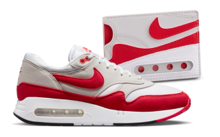 Nike's Icon Air Max 1 '86 card holder with the "White/Sport Red" sneaker that inspired it.