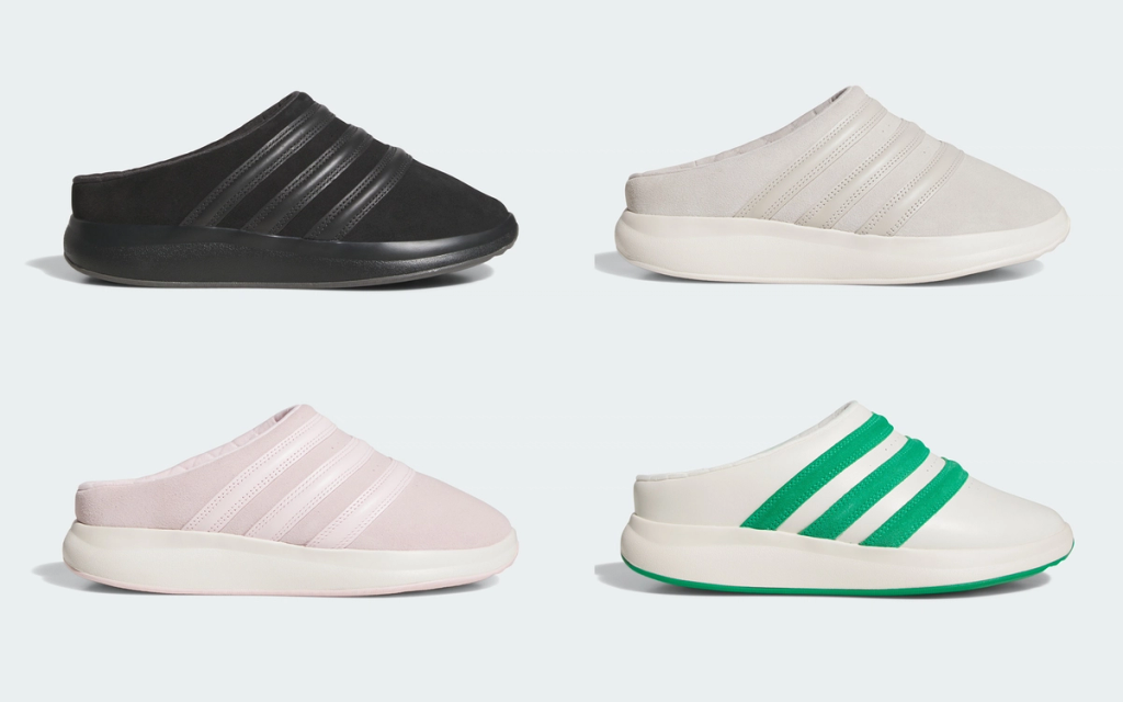 Adidas Golf ADICHILL Mule in neutral colorway, side profile view showing slip-on mule construction and ADICHILL branding