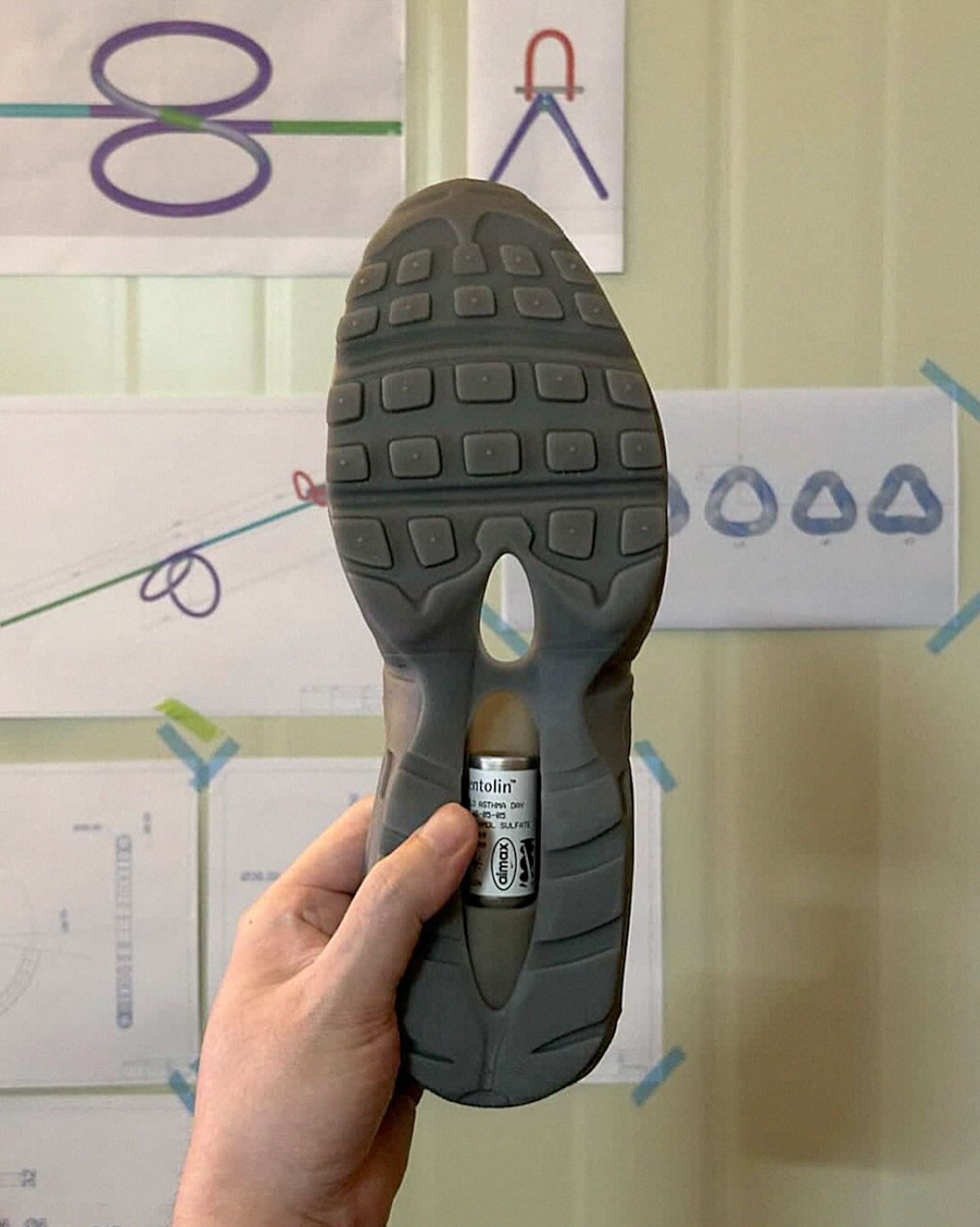 Custom Nike Air Max 95 featuring a Ventolin Asthma pump, conceptualized and engineered by itsnotsafeforwork & Minwook Paeng.