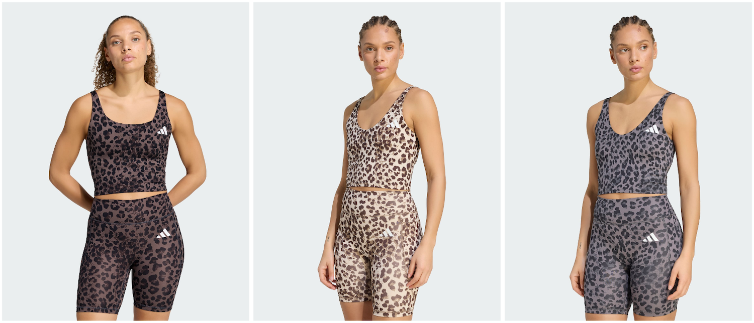 Women's adidas Workout Essentials Sets "Leopard" (SKUs: KZ2521, KZ2519; KH4852; KH4853, KS6226).