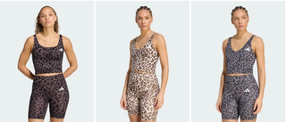 Women's adidas Workout Essentials Sets "Leopard" (SKUs: KZ2521, KZ2519; KH4852; KH4853, KS6226).