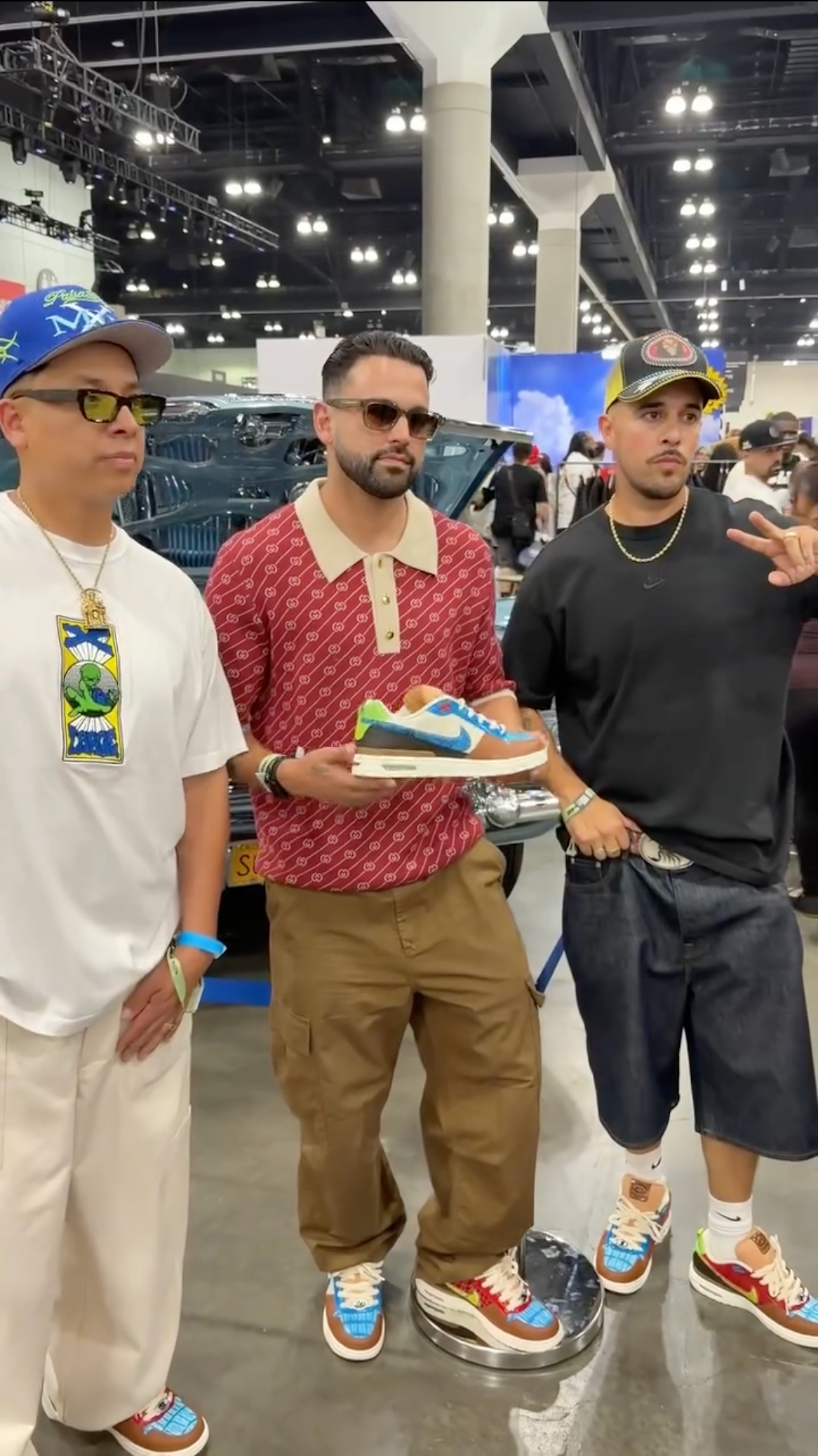 Javi Bandera & Joey Barba, co-founders of PAISABOYS, standing with Paul Rodriguez as he holds the PAISABOYS x Nike SB P-Rod 1 collaboration at ComplexCon LA 2026. 