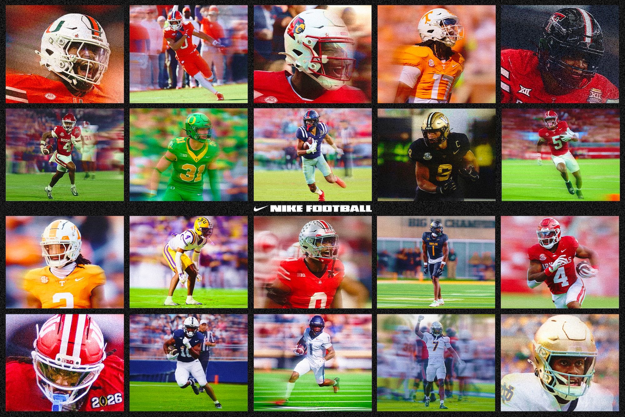 Nike announces its 2026 NFL Rookie Class, which includes 20 elite athletes at the top of the game—like David Bailey (Texas Tech), Mansoor Delane (LSU), and Sonny Styles (Ohio State).