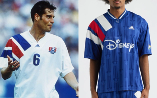 John Harkes wearing USMNT's 93/94 Home Jersey by adidas; Brain Dead x adidas x Disney Jersey. Photos by Shaun Botterill/ALLSPORT via @USMNT on X; Nordstrom.