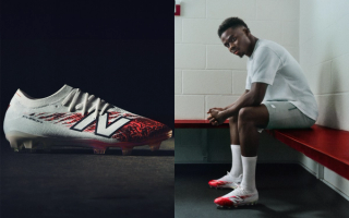 Bukayo Saka in promotional campaign for his New Balance Furon FG v8 "7egacy" football boots.