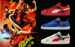 Three PUMA Suede sneakers inspired by Street Fighter's Chun-Li, Ryu & Ken characters, celebrating the release of Street Fighter film in October 2026.