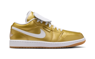 Nike Tiempo-reminiscent Air Jordan 1 Low in a gold color scheme.