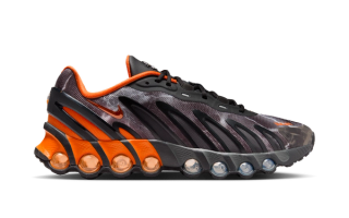 Palace Skateboard's Nike Air Max Dn8 collaboration in a "Black/Particle Grey/Safety Orange" color scheme.