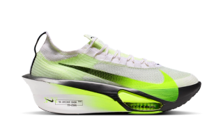 Nike AlphaFly 3 Marathon racing shoe in a "White/Volt/Barely Volt/Black" color scheme.