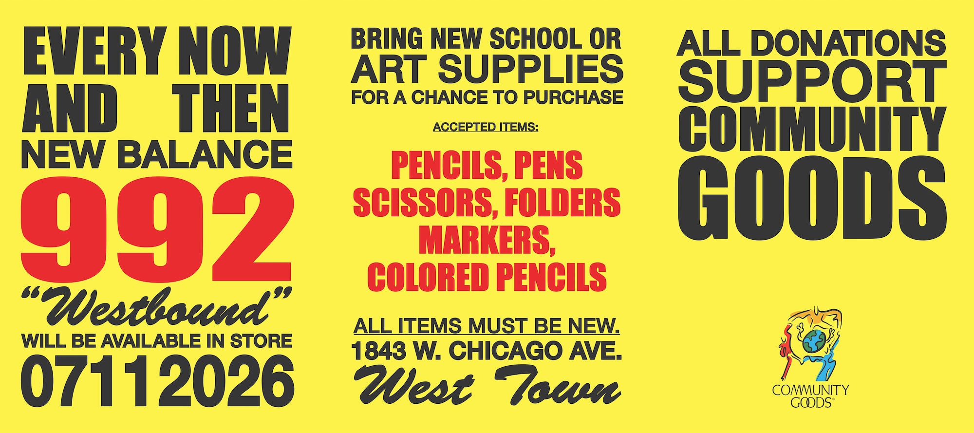 Every Now & Then Community Goods Donation Invite for July 11, 2026. Photos via ENAT.