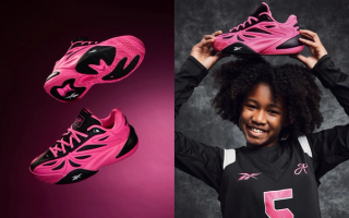 Angel Reese's Reebok Angel Reese 1 basketball shoe in a Kids' "Paradise Pink/Black" color scheme.
