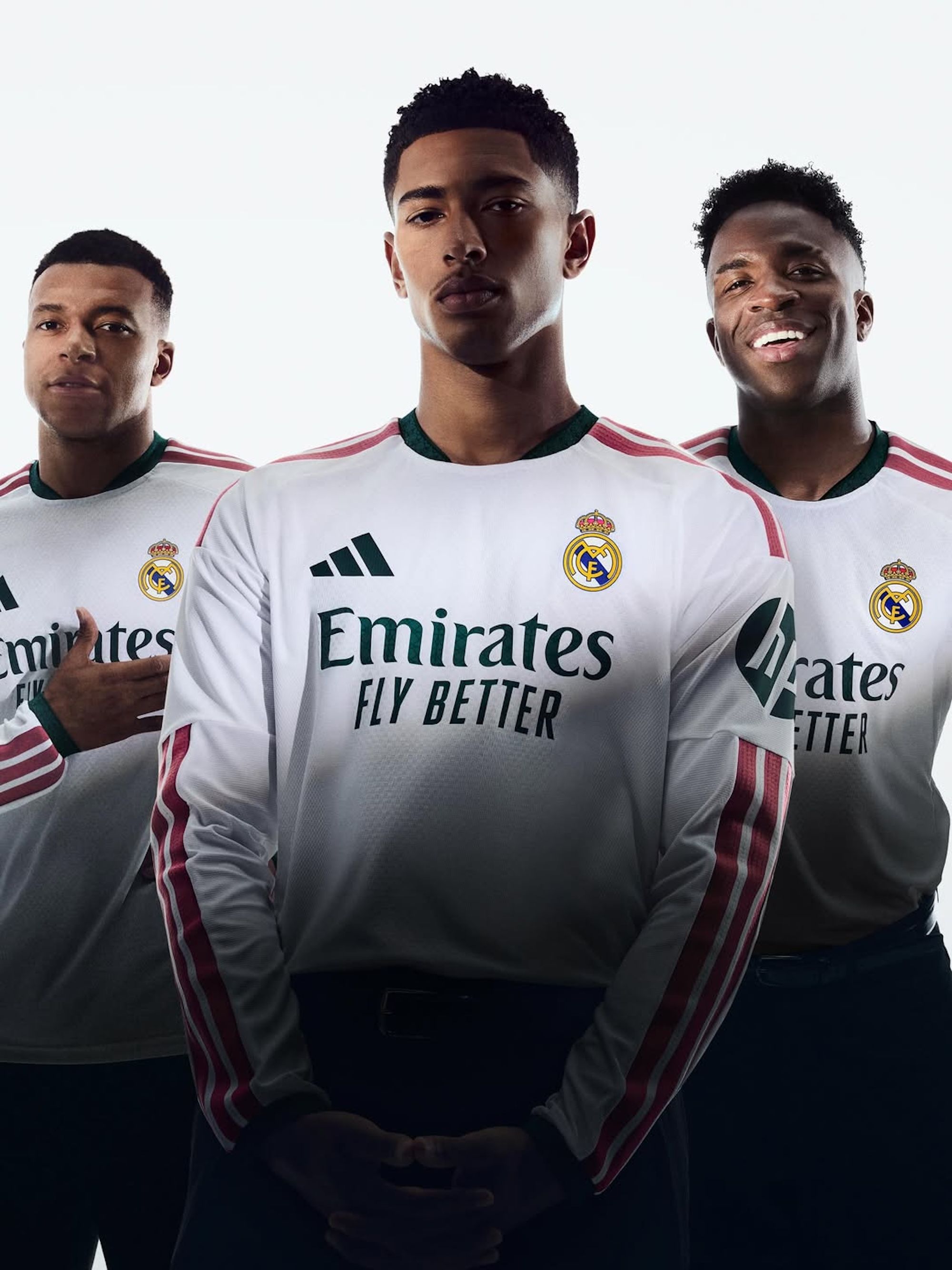 Kylian Mbappé, Jude Bellingham & Vinícius Júnior in promo visual for Real Madrid's 2026/27 Home kit by adidas.