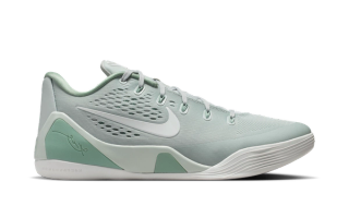 Nike Kobe 9 Elite Low EM Protro basketball shoe in a spring-friendly "Light Silver/Summit White/Steam" color scheme.