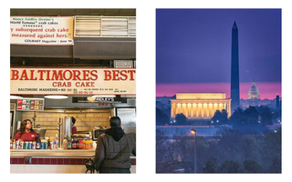 Inspiration behind the New Balance 993 "DMV" Pack, showcasing the red-and-white sign at Faidley's Seafood in Baltimore and the twilight sky in Washington, D.C.