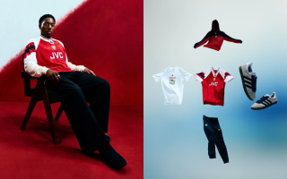 Myles Lewis-Skelly modeling the Arsenal 1992-94 Home Jersey by Adidas as part of a Bring-Back Collection.