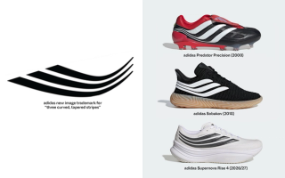 adidas' new curved stripes trademark example; curved 3-Stripes branding on the Predator Precision (2000), adidas Sobakov (2018), adidas Supernova Rise 4 (2026/27).
