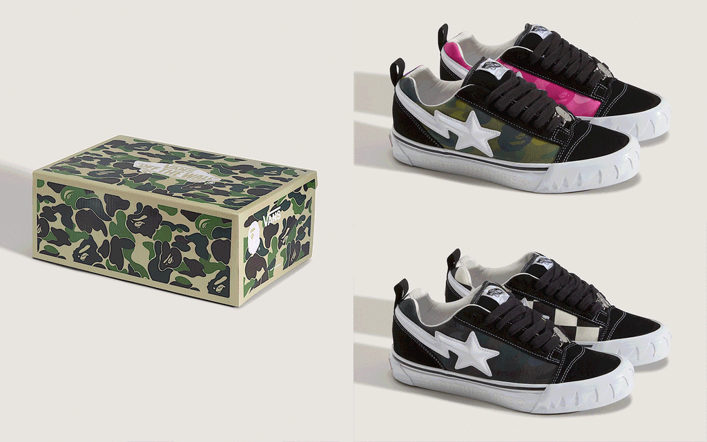 BAPE x Vans Knu Skool in Camo Green and Camo Black colorways