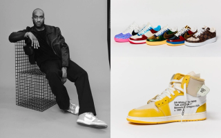 From left: Virgil Abloh photographed by Bogdan "Chilldays" Plakov, samples of Nike, Inc. footwear projects by Virgil Abloh.