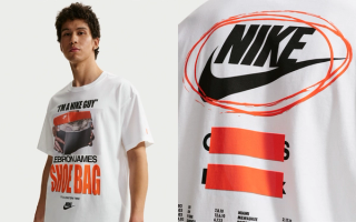 Nike LeBron 23 "Shoe Bag" graphic t-shirt inspired by the story of how LBJ chose Nike over Reebok and adidas.